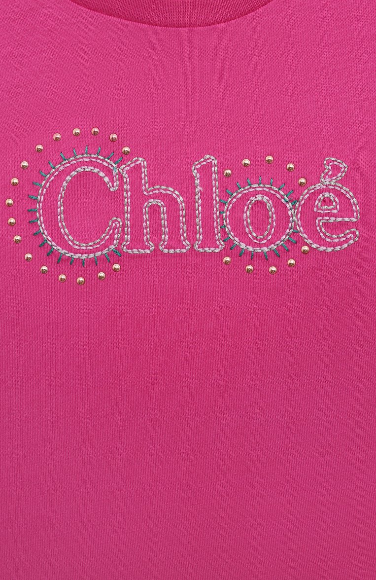 Детская хлопковая футболка CHLOÉ фуксия цвета, арт. C20114/2A-5A | Фото 3 (Рукава: Короткие; Материал внешний: Хлопок; Девочки Кросс-КТ: футболка-одежда; Ростовка одежда: 4 года | 104 см)