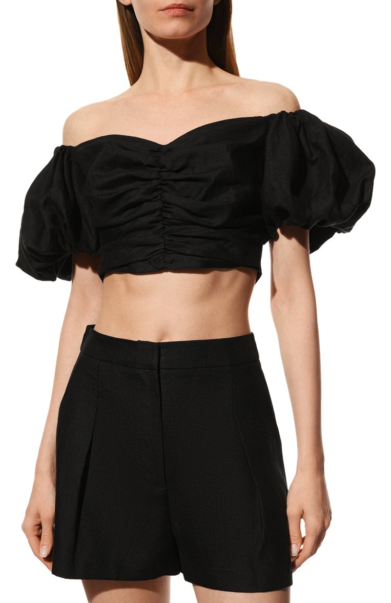 Женский льняной топ IN THE MOOD FOR LOVE черного цвета, арт. GWLADYS/SS2102700007 | Фото 3 (Рукава: Короткие; Длина (для топов): Укороченные; Стили: Романтичный; Материал внешний: Лен; Материал подклада: Синтетический материал; Автоматизация ТО: Проставлено; Автоматизация состава: Проставлено)