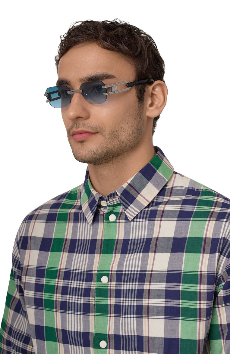 Женские солнцезащитные очки 9FIVE голубого цвета, арт. R0YALS LITE-PLATINUM / GREEN BLUE | Фото 2 (Нос: Не проставлено; Региональные ограничения белый список (Axapta Mercury): Не проставлено; Тип очков: С/з; Материал: Металл; Кросс-КТ: С/з-унисекс; Очки форма: Квадратные, Безоправные; Оптика Гендер: оптика-унисекс)