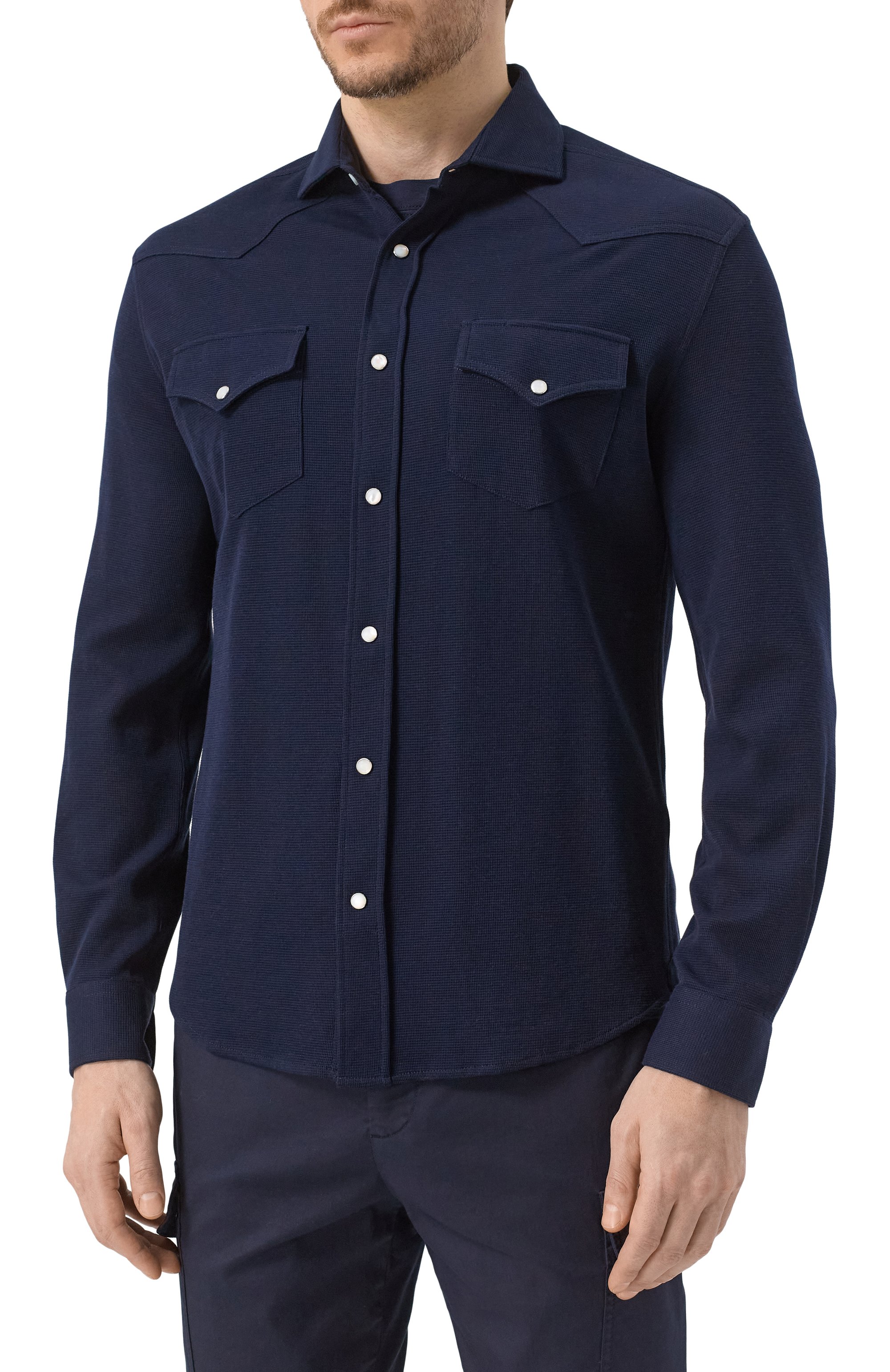 Рубашка из хлопка и шелка BRUNELLO CUCINELLI темно-синего цвета по цене 148500 руб., арт. MW8666666, фото 3 Рубашка из хлопка и шелка BRUNELLO CUCINELLI, арт. MW8666666, фото 3