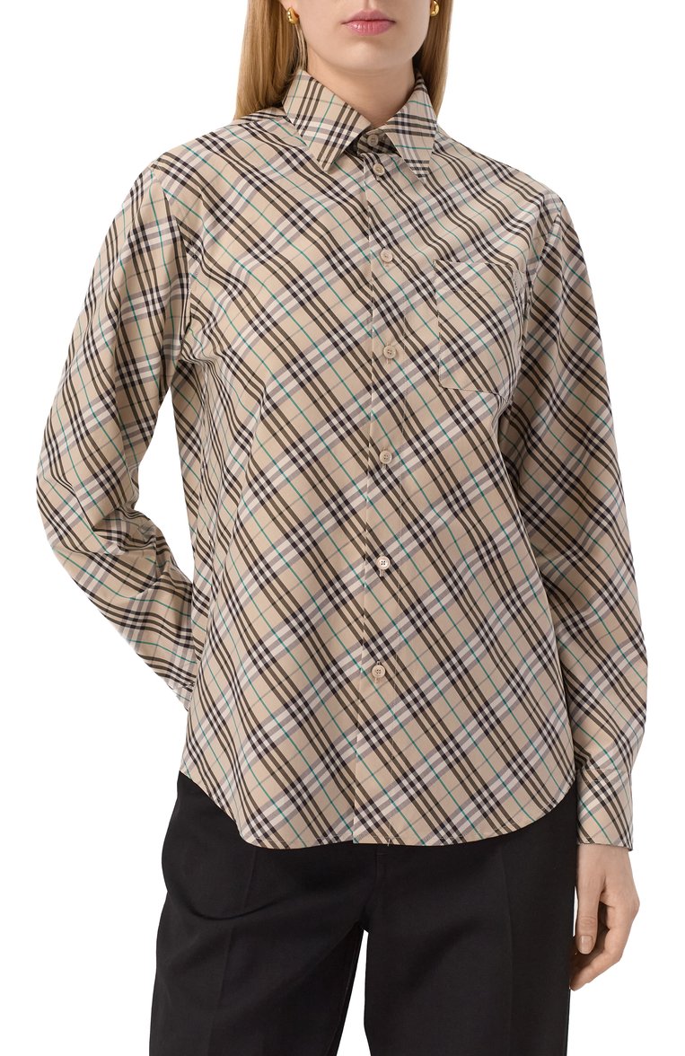 Женская хлопковая рубашка BURBERRY бежевого цвета, арт. 8101133 | Фото 3 (Длина (для топов): Стандартные; Материал внешний: Хлопок; Рукава: Длинные; Стили: Кэжуэл; Принт: Клетка, С принтом; Женское Кросс-КТ: Рубашка-одежда; Автоматизация состава: Проставлено; Автоматизация ТО: Проставлено; Детали: Декор)