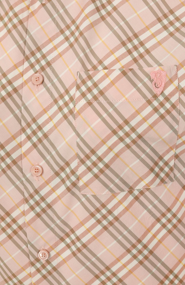 Женская хлопковая рубашка BURBERRY розового цвета, арт. 8101134 | Фото 6 (Длина (для топов): Удлиненные; Стили: Кэжуэл; Принт: Клетка, С принтом; Рукава: Длинные; Материал внешний: Хлопок; Женское Кросс-КТ: Рубашка-одежда)
