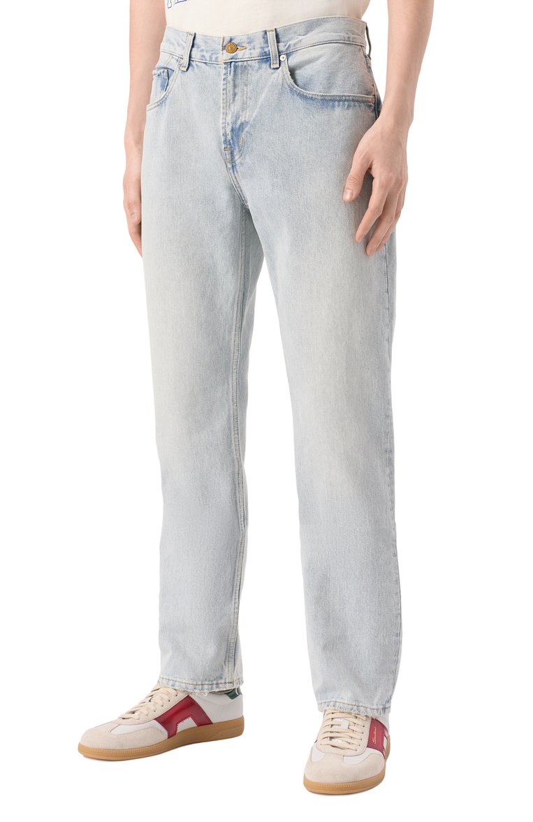 Мужские джинсы straight 7 FOR ALL MANKIND голубого цвета, арт. JSSCE180CS | Фото 3 (Длина (брюки, джинсы): Стандартные; Кросс-КТ: Деним; Материал внешний: Деним, Хлопок; Силуэт М (брюки): Прямые; Стили: Повседневный; Автоматизация ТО: Проставлено; Автоматизация состава: Проставлено; Детали: Делаве)
