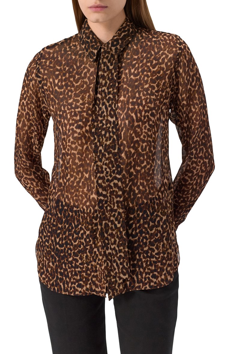 Женская блузка из вискозы THE KOOPLES леопардового цвета, арт. FCCL30026K | Фото 3 (Рукава: Длинные; Материал внешний: Вискоза; Длина (для топов): Удлиненные; Женское Кросс-КТ: Блуза-одежда; Принт: С принтом; Стили: Гламурный; Автоматизация ТО: Проставлено; Автоматизация состава: Проставлено)