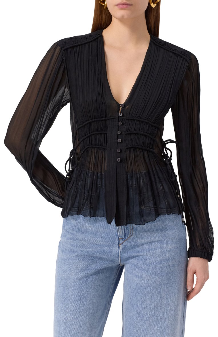 Женская блузка из вискоз�ы ISABEL MARANT ETOILE черного цвета, арт. HT0552FA/C1J07E | Фото 3 (Рукава: Длинные; Длина (для топов): Стандартные; Материал внешний: Вискоза; Принт: Без принта; Женское Кросс-КТ: Блуза-одежда; Стили: Бохо)