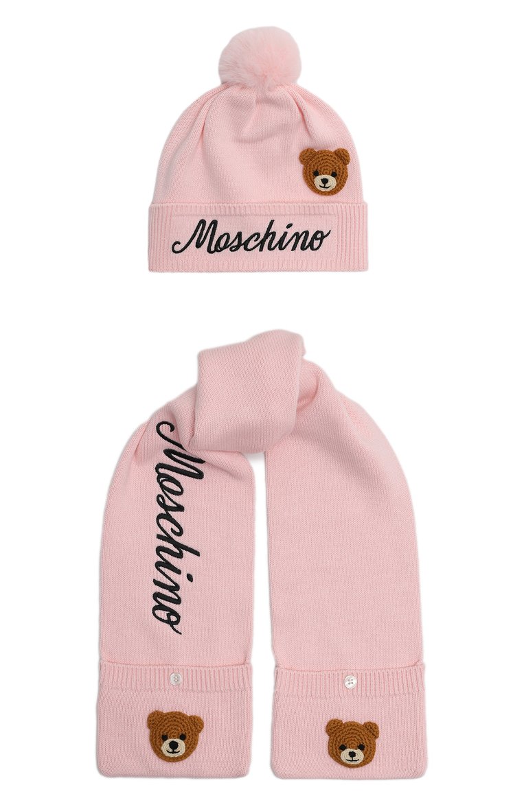 Детский комплект из шапки и шарфа MOSCHINO светло-розового цвета, арт. HUX01Y/LHE46 | Фото 1 (Материал: Текстиль, Хлопок; Материал сплава: Проставлено; Нос: Не проставлено)