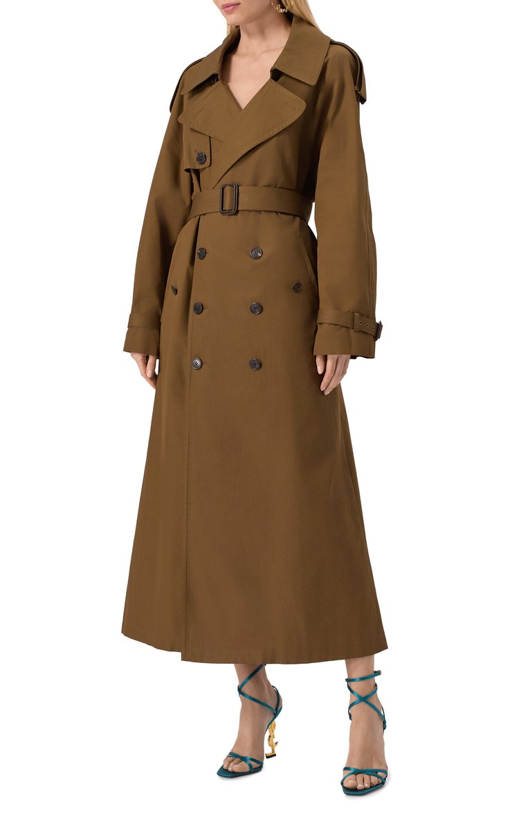 Женский хлопковый тренч SAINT LAURENT коричневого цвета, арт. 812414/Y3A99 | Фото 3 (Автоматизация ТО: Проставлено; Материал подклада: Шелк; Рукава: Длинные; Автоматизация состава: Проставлено; Материал внешний: Хлопок; Длина (верхняя одежда): Длинные; Кросс-КТ: Куртка; Стили: Кэжуэл)