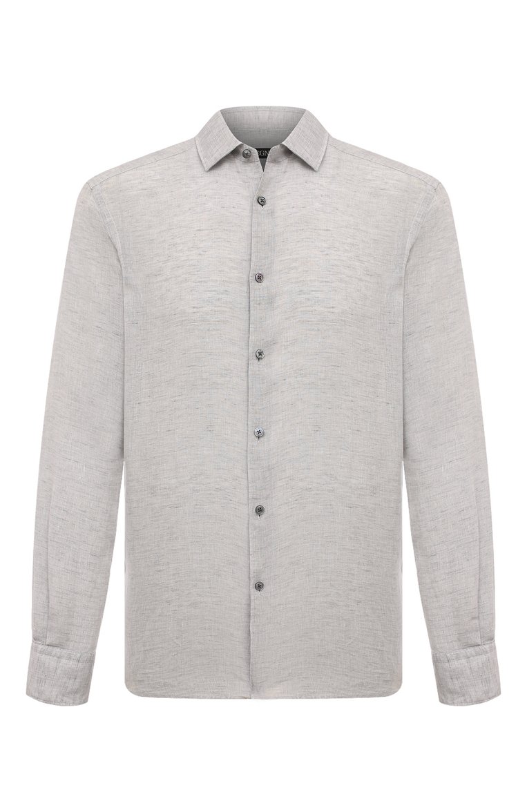 Мужская льняная рубашка ZEGNA светло-серого цвета, арт. UDX38A7/SRF5 | Фото 1 (Длина (для топов): Стандартные; Материал внешний: Лен; Рукава: Длинные; Принт: Однотонные; Манжеты: На пуговицах; Случай: Повседневный; Воротник: Кент; Стили: Кэжуэл; Автоматизация ТО: Проставлено; Автоматизация состава: Проставлено; Детали: Без декора)