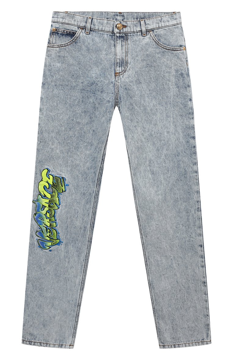 Детские джинсы VERSACE голубого цвета, арт. 1004893/1A08309/8A-14A | Фото 1 (Материал внешний: Хлопок; Нос: Не проста�влено; Детали: Декор)