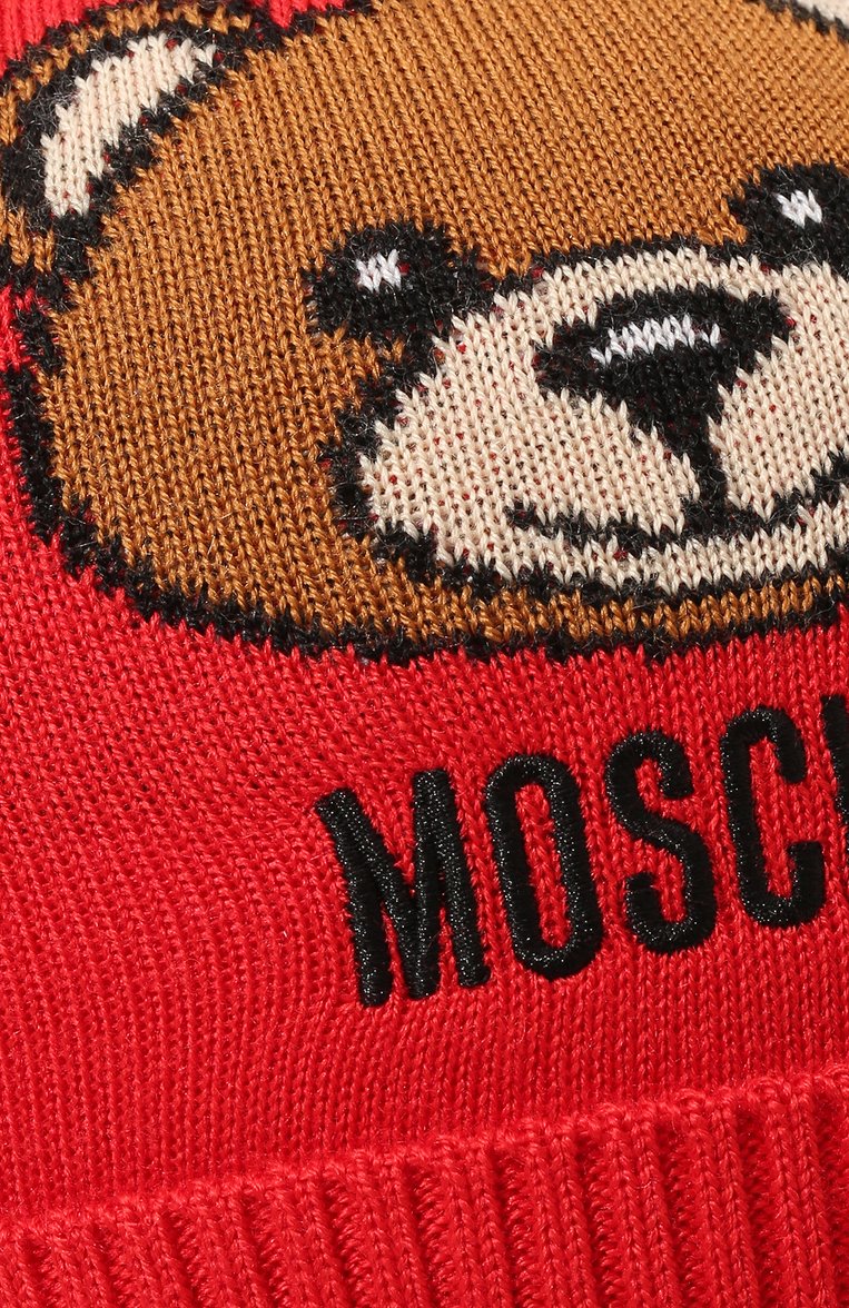 Детского шерстяная шапка MOSCHINO красного цвета, арт. HUX01T/LHE18 | Фото 3 (Материал: Текстиль, Шерсть, Синтетический материал; Тематический товар: Teddy Bear; Нос: Не проставлено; Материал сплава: Проставлено; Региональные ограничения белый список (Axapta Mercury): Не проставлено)