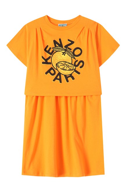 Детское хлопковое платье KENZO оранжевого цвета, арт. K61029 | Фото 1 (Материал внешний: Хлопок; Рукава: Короткие; Материал подклада: Хлопок; Драгоценные камни: Проставлено; Материал сплава: Проставлено)