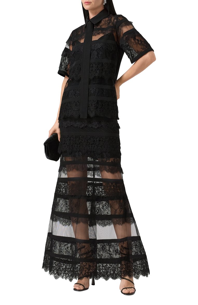 Женская блузка ELIE SAAB черного цвета, арт. T0134 | Фото 2 (Длина (для топов): Стандартные; Материал сплава: Проставлено; Рукава: 3/4; Материал подклада: Шелк; Др�агоценные камни: Проставлено; Женское Кросс-КТ: Блуза-одежда; Кросс-КТ: костюм; Принт: Без принта; Стили: Романтичный; Материал внешний: Синтетический материал)