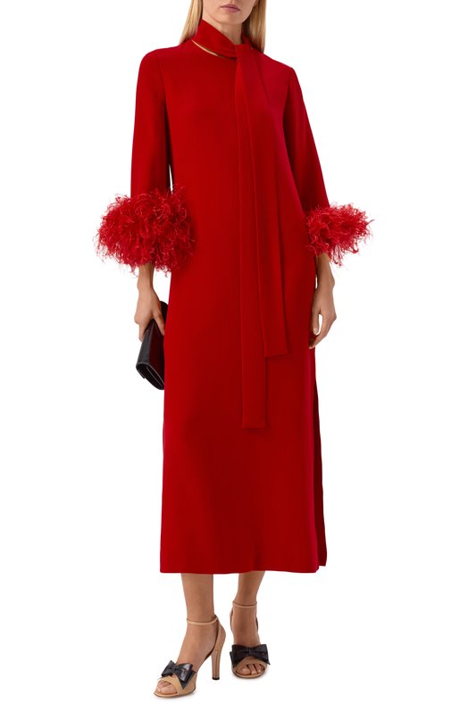 Шелковое платье с отделкой перьями Valentino 8B3VAHJ2/1MM Красный  8B3VAHJ2/1MM Фото 2