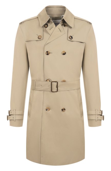 Мужской хлопковый тренч BURBERRY бежевого цвета, арт. 8106360 | Фото 1 (Рукава: Длинные; Длина (верхняя одежда): До середины бедра; Драгоценные камни: Проставлено; Материал внешний: Хлопок; Материал сплава: Проставлено)