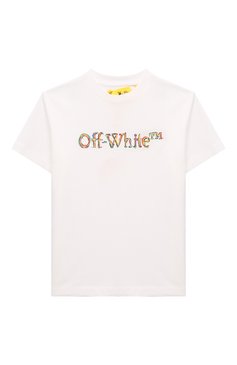 Детская хлопковая футболка OFF-WHITE белого цвета, арт. 0BAA002S24JER005/4-10 | Фото 1 (Рукава: Короткие; Материал сплава: Проставлено; Материал внешний: Хлопок; Мальчики Кросс-КТ: Футболка-одежда; Драгоценные камни: Проставлено; Ростовка одежда: 6 лет | 116 см, 4 года | 104 с�м, 10 - 11 лет | 140 - 146см, 8 лет | 128 см)