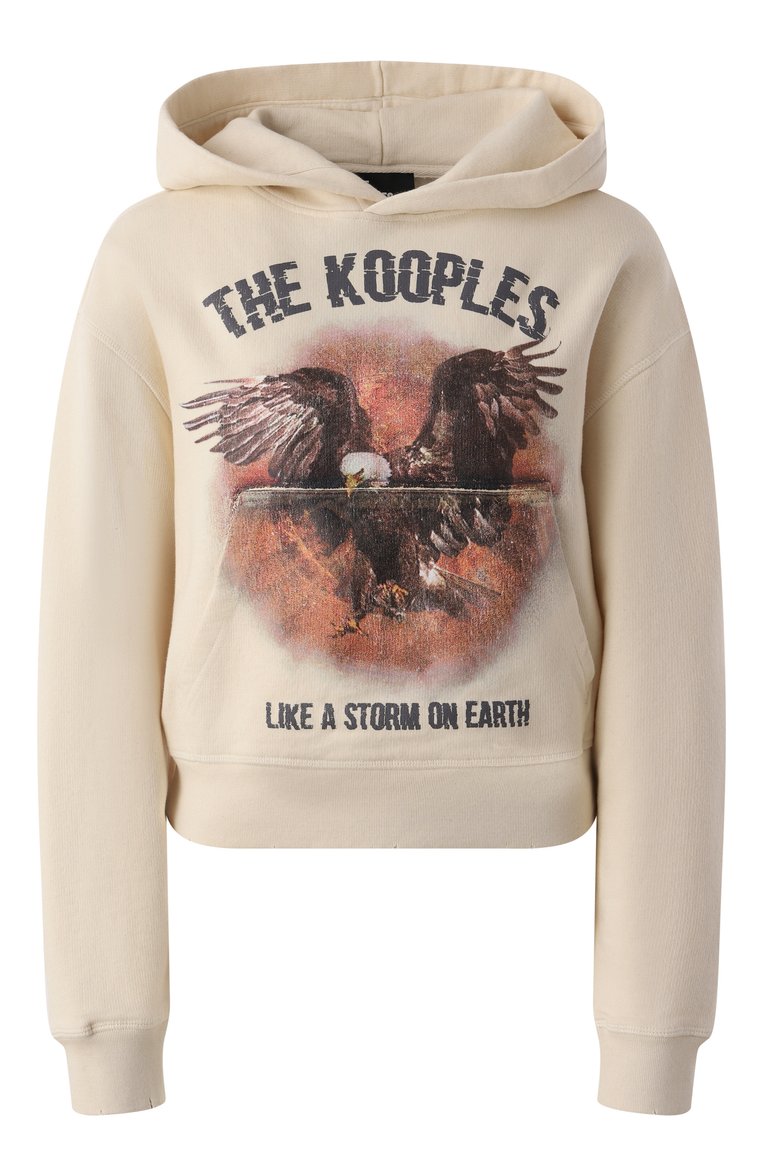 Женский хлопковое худи THE KOOPLES кремового цвета, арт. FSWE29023K | Фото 1 (Рукава: Длинные; Длина (для топов): Стандартные; Материал сплава: Проставлено; Драгоценные камни: Проставлено; Стили: Гранж; Женское Кросс-КТ: Худи-одежда; Материал внешний: Хлопок)