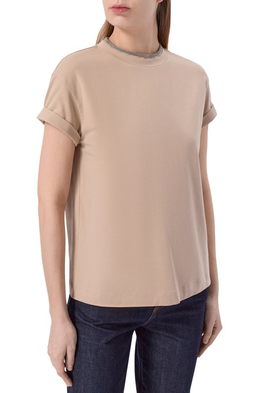 Хлопковая футболка Brunello Cucinelli M0T18BD200 Бежевый  M0T18BD200 Фото 3