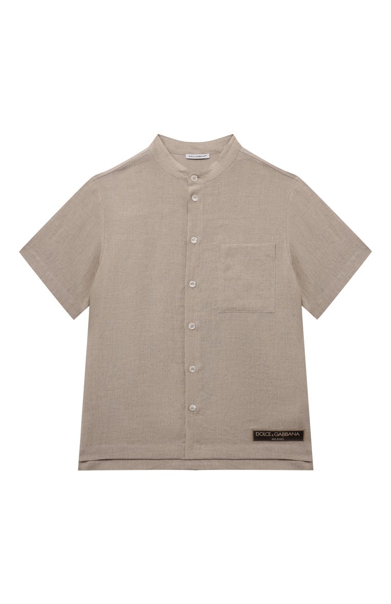 Детская льняная рубашка DOLCE & GABBANA светло-бежевого цвета, арт. L44S02/G7NWR | Фото 1 (Материал внешний: Лен; Рукава: Короткие; Случай: Повседневный; Автоматизация состава: Проставлено; Автоматизация ТО: Проставлено; Ростовка одежда: 2 года | 92 см, 6 лет | 116 см, 8 лет | 128 см, 12 лет | 152 см, 10 - 11 лет | 140 - 146см, 13 - 15 лет | 158 см, 3 года | 98 см, 5 лет | 110 см, 4 года | 104 см)