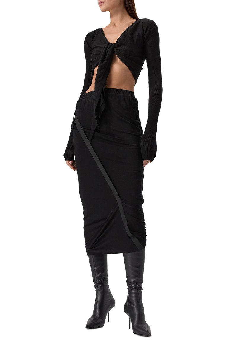 Женский шерстяной кардиган RICK OWENS черного цвета, арт. RP01E7645/M | Фото 2 (Материал внешний: Шерсть; Длина (для топов): Укороченные; Рукава: Длинные; Женское Кросс-КТ: кардиган-трикотаж; Стили: Минимализм; Застежка: Без застежки, Пояс)