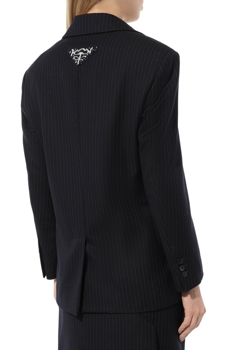 Женский шерстяной жакет PRADA синего цвета, арт. P599L-1ZM6-F0124-212 | Фото 4 (Длина (для топов): Удлиненные; Материал внешний: Шерсть; Рукава: Длинные; Женское Кросс-КТ: Жакет-одежда; 1-2-бортные: Однобортные)