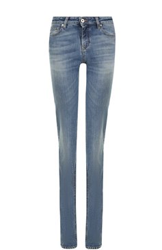 Женские джинсы прямого кроя с потертостями ROBERTO CAVALLI синего цвета, арт. FQJ218/DS002 | Фото 1 (Материал внешний: Хлопок, Деним; Длина (брюки, джинсы): Удлиненные; Статус проверки: Проверено, Проверена категория; Силуэт Ж (брюки и джинсы): Прямые; Кросс-КТ: Деним; Детали: Потертости)