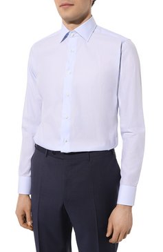 Мужская хлопковая сорочка CANALI голубого цвета, арт. 718/GD03154 | Фото 4 (Рукава: Длинные; Материал сплава: Проставлено; Материал внешний: Хлопок; Длина (для топов): Стандартные; Драгоценные камни: Проставлено; Манжеты: На пуговицах; Стили: Классический; Случай: Формальный; Рубашки М: Regular Fit; Принт: Клетка; Воротник: Акула)