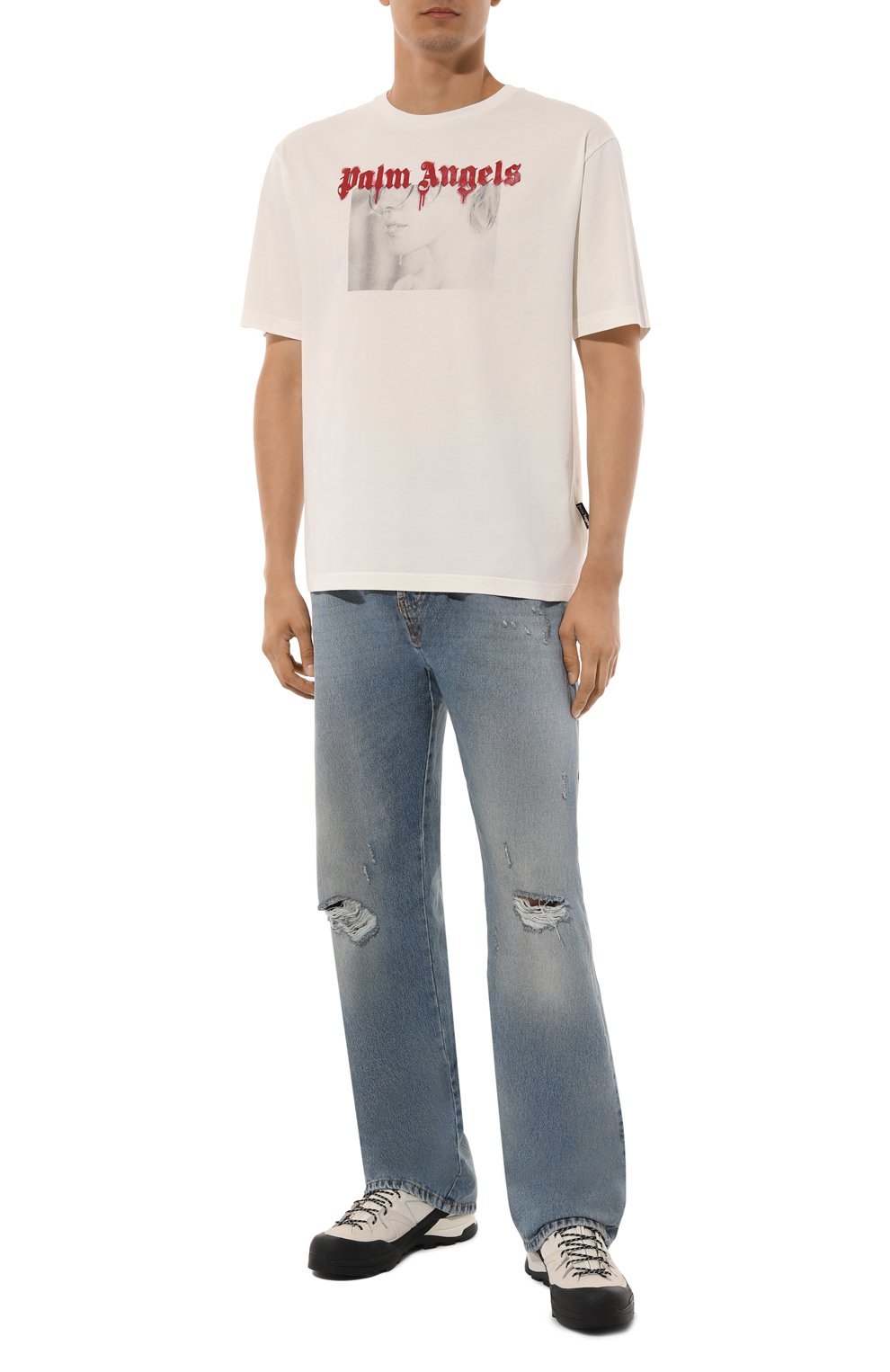 Хлопковая футболка PALM ANGELS кремового цвета по цене 29450 руб., арт. PMAA089F24JER008, фото 2 Хлопковая футболка PALM ANGELS, арт. PMAA089F24JER008, фото 2