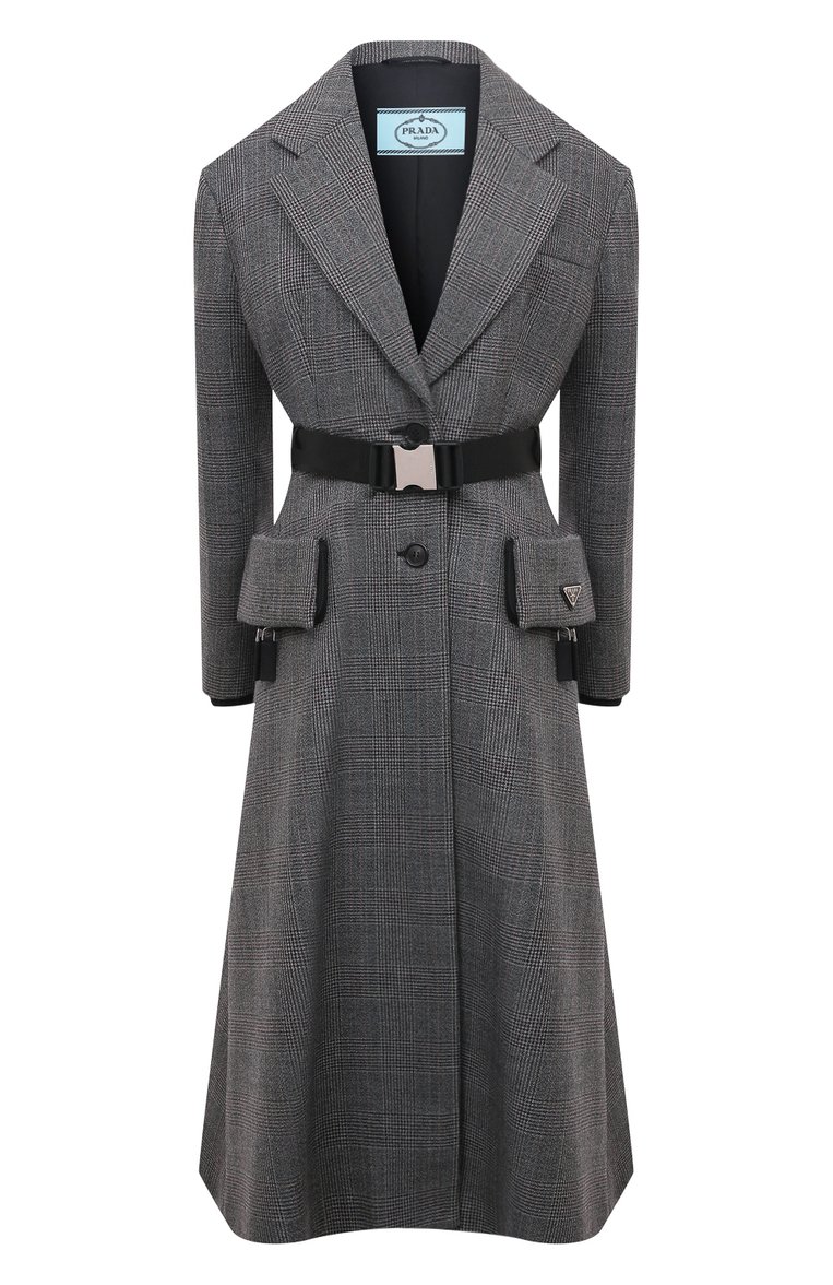 Женское шерстяное пальто PRADA серого цвета, арт. P672OH-1ZTI-F0002-212 | Фото 1 (Материал внешний: Шерсть; Длина (верхняя одежда): Длинные; Рукава: Длинные; 1-2-бортные: Однобортные; Стили: Кэжуэл)