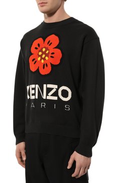 Мужской хлопковый свитер KENZO черного цвета, арт. FD55PU3803LC | Фото 3 (Рукава: Длинные; Длина (для топов): Стандартные; Принт: С принтом; Материал сплава: Проставлено; Материал внешний: Хлопок; Мужское Кросс-КТ: Свитер-одежда; Драгоценные камни: Проставлено; Стили: Кэжуэл)