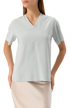 Женский шелковый топ KITON светло-голубого цвета, арт. D59421K0923F03 | Фото 3 (Материал сплава: Проставлено; Материал внешний: Шелк; Длина (для топов): Стандартные; Рукава: Короткие; Драгоценные камни: Проставлено; Стили: Кэжуэл)