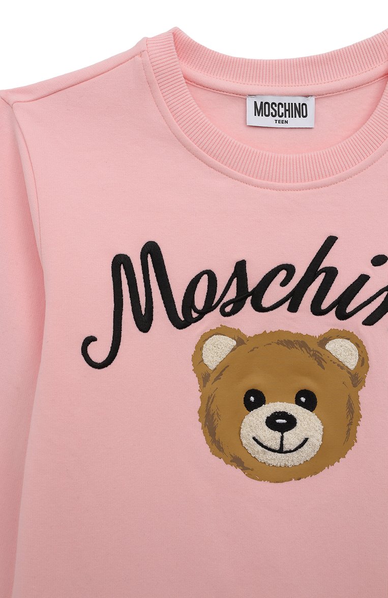 Детское хлопковое платье MOSCHINO светло-розового цвета, арт. HAV0C0/LDA55/10A-14A | Фото 3 (Рукава: Длинные; Случай: Повседневный; Материал сплава: Проставлено; Материал внешний: Хлопок; Драгоценные камни: Проставлено)