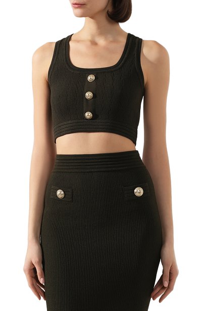 Топ из вискозы BALMAIN хаки цвета по цене 54000 руб., арт. TF10007/K030, фото 3 Топ из вискозы BALMAIN, арт. TF10007/K030, фото 3