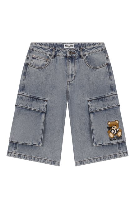 Детские джинсовые шорты-карго MOSCHINO тёмно-голубого цвета, арт. HUQ023/L0E08/10-14 | Фото 1 (Материал сплава: Проставлено; Материал внешний: Хлопок; Нос: Не проставлено)