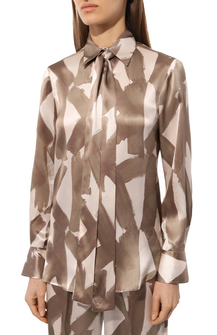 Женская атласная блузка KITON бежевого цвета, арт. D48407K0978C | Фото 3 (Длина (для топов): Стандартные; Рукава: Длинные; Материал внешний: Шелк; Женское Кросс-КТ: Блуза-одежда; Принт: С принтом; Стили: Романтичный)
