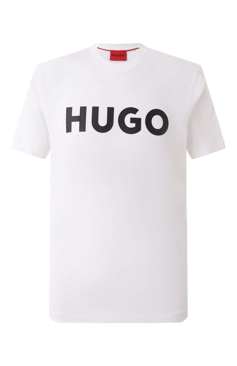 Мужская хлопковая футболка HUGO белого цвета, арт. 50467556 | Фото 1 (Материал внешний: Хлопок; Рукава: Короткие; Принт: С принтом; Стил�и: Кэжуэл; Длина (для топов): Стандартные; Кросс-КТ: Джерси; Мужское Кросс-КТ: Футболка-одежда)