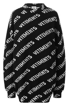 Мужского шерстяной свитер VETEMENTS черного цвета, арт. UA65KN220B/2901 KNIT | Фото 1 (Материал внешний: Шерсть; Стили: Кэжуэл; Женское Кросс-КТ: Свитер-одежда; Региональные ограничения белый список (Axapta Mercury): Не проставлено; Нос: Не простав�лено; Принт: С принтом; Мужское Кросс-КТ: Свитер-одежда; Рукава: Длинные)