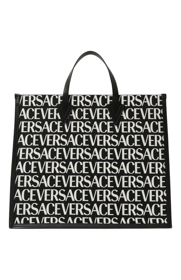 Мужская текстильная сумка-тоут VERSACE черно-белого цвета, арт. 1008913/1A06766 | Фото 1 (Ремень/цепочка: На ремешке; Размер: large; Драгоценные камни: Проставлено; Материал: Текстиль; Материал сплава: Проставлено)