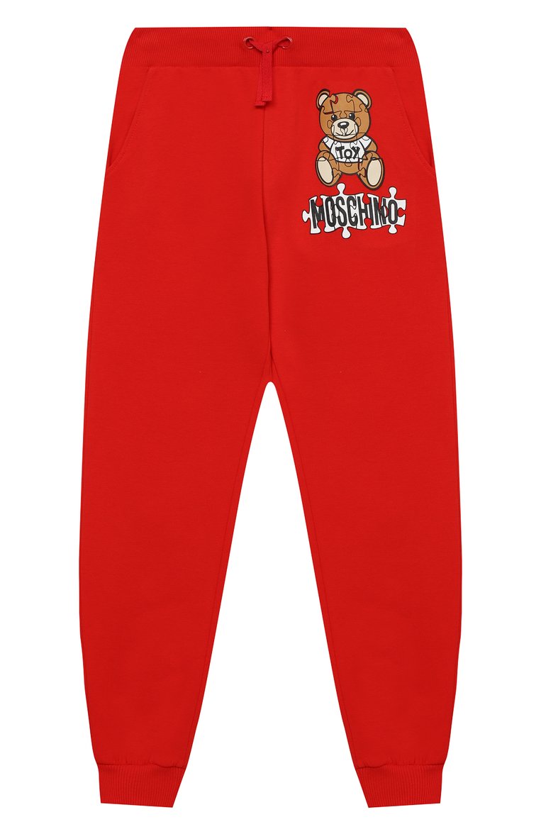 Детские хлопковые джоггеры MOSCHINO красного цвета, арт. HUP040/LDA14/10A-14A | Фото 1 (Материал внешний: Хлопок; Девочки Кросс-КТ: Брюки-одежда, Джоггеры-одежда, Брюки-спорт; Нос: Не проставлено; Ростовка одежда: 10 - 11 лет | 140 - 146см, 12 лет | 152 см, 13 - 15 лет | 158 см)