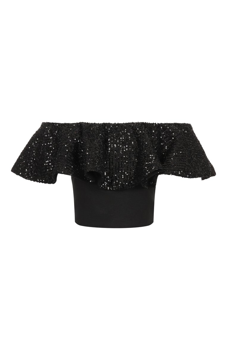 Женский топ с отделкой пайетками IN THE MOOD FOR LOVE черного цвета, арт. SS2501500006 | Фото 1 (Материал внешний: Лен; Длина (для топов): Укороче�нные; Стили: Романтичный; Рукава: С открытыми плечами)