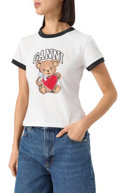 Хлопковая футболка GANNI белого цвета по цене 16050 руб., арт. T4061, фото 3 Хлопковая футболка GANNI, арт. T4061, фото 3