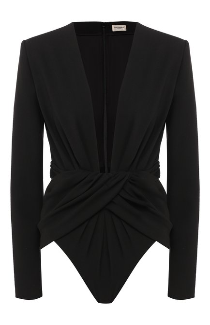 Женское боди SAINT LAURENT черного цвета, арт. 569321/Y012W | Фото 1 (Рукава: Длинные; Статус проверки: Проверена категория, Проверено; Материал подклада: Шелк; Материал внешний: Синтетический материал, Вискоза; Женское Кросс-КТ: Боди-одежда; Стили: Гламурный; Кросс-КТ: с рукавом; Драгоценные камни: Проставлено; Материал сплава: Проверено, Проставлено)