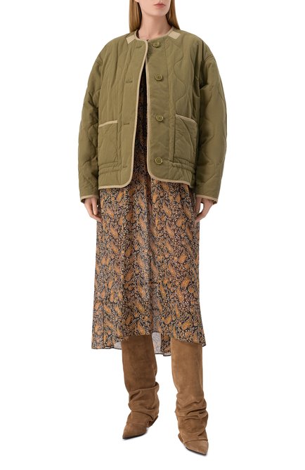 Женская хлопковая куртка ISABEL MARANT ETOILE хаки цвета, арт. MA0421FA/C1C05E | Фото 2 (Драгоценные камни: Проставлено; Длина (верхняя одежда): Короткие; Рукава: Длинные; Материал внешний: Синтетический материал, Хлопок; Материал подклада: Хлопок; Материал сплава: Проставлено)