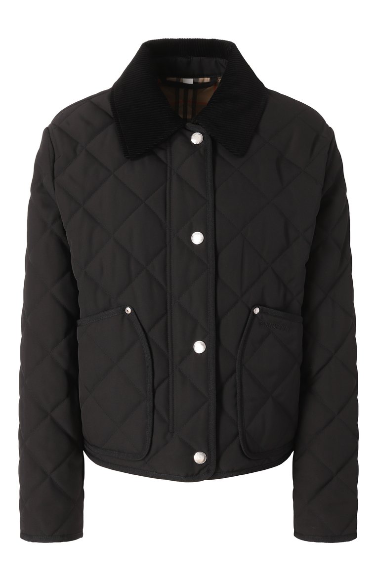 Женская куртка BURBERRY черного цвета, арт. 8096025 | Фото 1 (Длина (верхняя одежда): Короткие; Материал сплава: Проставлено; Драгоценные камни: Проставлено; Рукава: Длинные; Материал подклада: Хлопок; Стили: Кэжуэл; Кросс-КТ: Легкие, Куртка; Материал внешний: Синтетический материал)