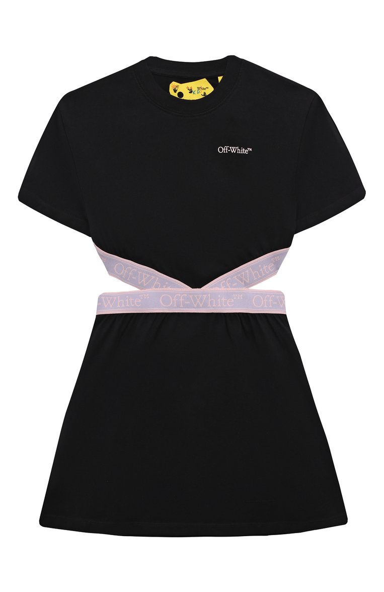 Детское хлопковое платье OFF-WHITE черного цвета, арт. 0GDB055S24JER001/4-10 | Фото 1 (Рукава: Короткие; Драгоценные камни: Проставлено; Материал сплава: Проставлено; Материал внешний: Хлопок; Девочки Кросс-КТ: Платье-одежда; Случай: Повседневный; Ростовка одежда: 10 - 11 лет | 140 - 146см, 6 лет | 116 см, 8 лет | 128 см)