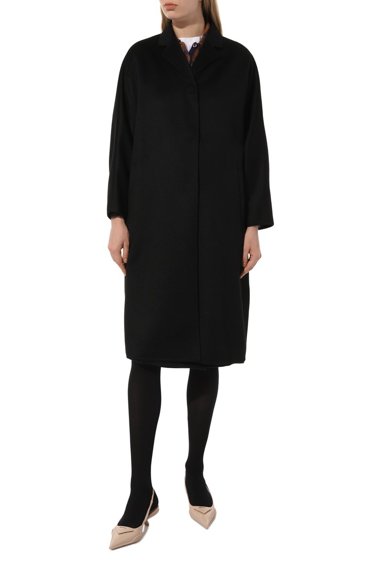 Женское шерстяное пальто PRADA черного цвета, арт. P692NL-1CRU-F0002-211 | Фото 3 (Материал внешний: Шерсть; Рукава: Длинные; Длина (верхняя одежда): До колена; 1-2-бортные: Однобортные; Стили: Классический)