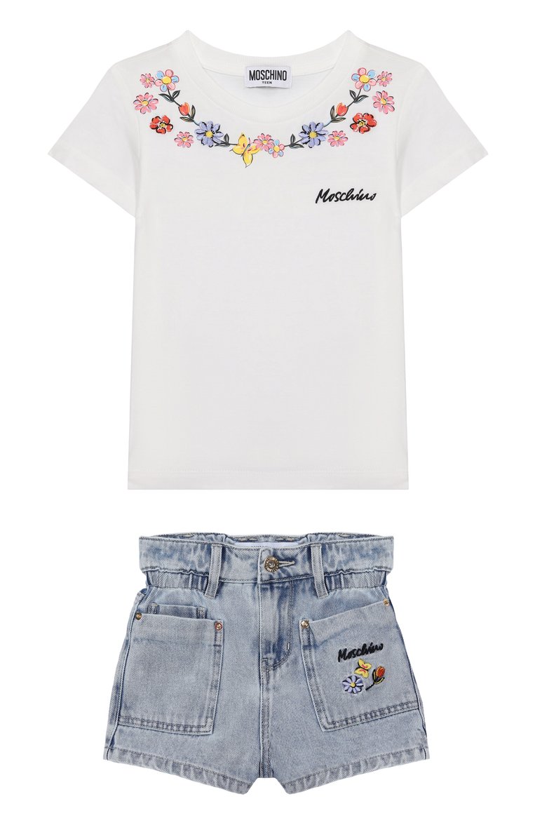Детский комплект из футболки и шорт MOSCHINO голубого цвета, арт. HDG01B/L0E08/10-14 | Фото 1 (Кросс-КТ: костюм; Автоматизация состава: Проставлено; Автоматизация ТО: Проставлено; Ростовка одежда: 16 лет | 164 см, 12 лет | 152 см, 10 - 11 лет | 140 - 146см)