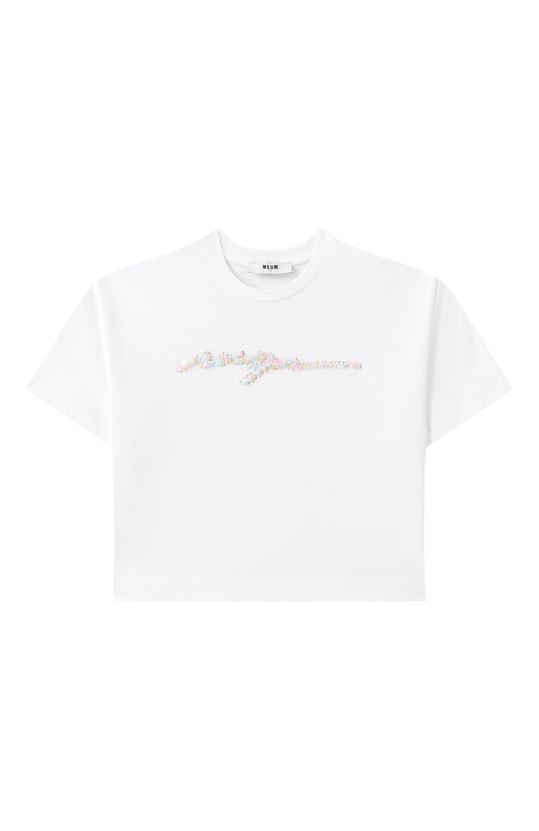 Детская хлопковая футболка MSGM KIDS белого цвета, арт. S5MSJGTH219 | Фото 1 (Материал сплава: Проставлено; Драгоценные камни: Проставлено; Рукава: Короткие; Девочки Кросс-КТ: футболка-одежда; Материал внешний: Хлопок; Ростовка одежда: 8 лет | 128 см, 13 - 15 лет | 158 см, 6 лет | 116 см, 12 лет | 152 см, 10 - 11 лет | 140 - 146см)