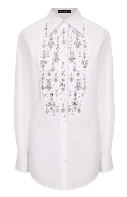Женская хлопковая блузка DOLCE & GABBANA белого цвета, арт. F5T16Z/FU5T9 | Фото 1 (Материал сплава: Проставлено; Драгоценные камни: Проставлено; Материал внешний: Хлопок; Рукава: Длинные; Длина (для топов): Удлиненные)