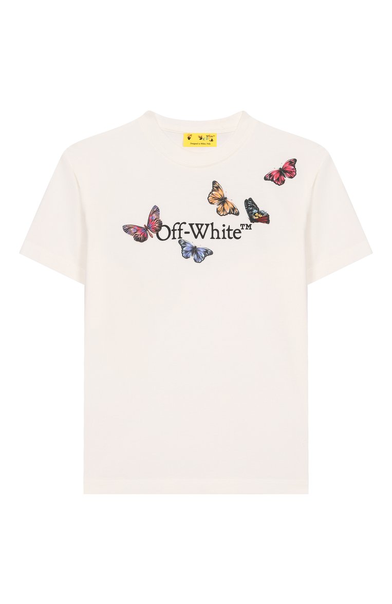 Детская хлопковая футболка OFF-WHITE молочного цвета, арт. 0GAA001S25JER003/4-12 | Фото 1 (Рукава: Короткие; Автоматизация состава: Проставлено; Автоматизация ТО: Проставлено; Материал внешний: Хлопок; Девочки Кросс-КТ: Футболка-спорт, футболка-одежда; Ростовка одежда: 4 года | 104 см, 12 лет | 152 см, 8 лет | 128 см, 6 лет | 116 см, 10 - 11 лет | 140 - 146см)