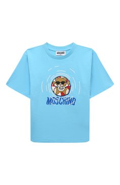 Детская хлопковая футболка MOSCHINO голубого цвета, арт. HUM04R/LAA23/4-8 | Фото 1 (Девочки Кросс-КТ: футболка-одежда; Рукава: Короткие; Материал сплава: Проставлено; Материал внешний: Хлопок; Драгоценные камни: Проставлено; Ростовка одежда: 4 года | 104 см, 5 лет | 110 см, 6 ле�т | 116 см, 8 лет | 128 см)